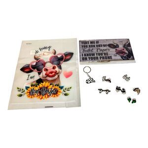 Cowgirl Charm Bundle Cow Decal 6 Western Earrings Bathroom Sign New
